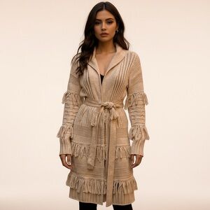 CHELSEA & VIOLET Western Fringe Boho Dusty Rose Belted Long Cardigan Sz S